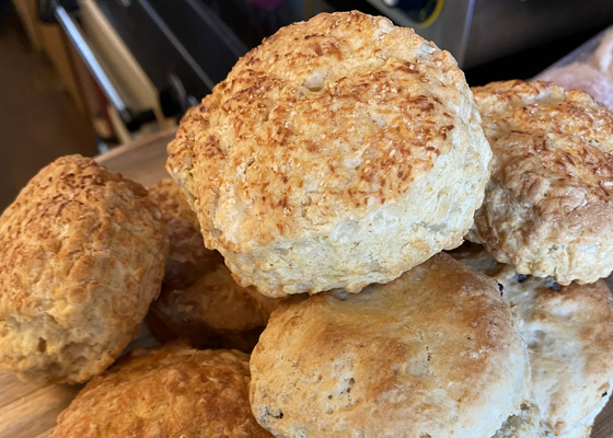 Fresh baked cheese and fruit scones every day