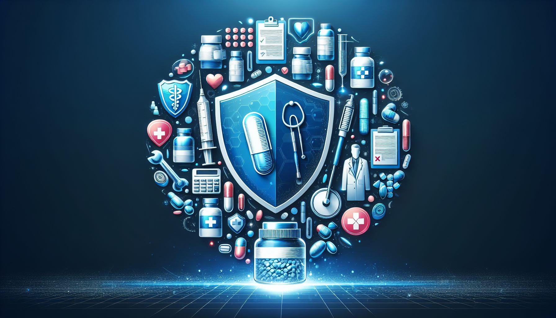 Illustration of Sildenafil tablets and molecular structure, with a happy couple enjoying life.